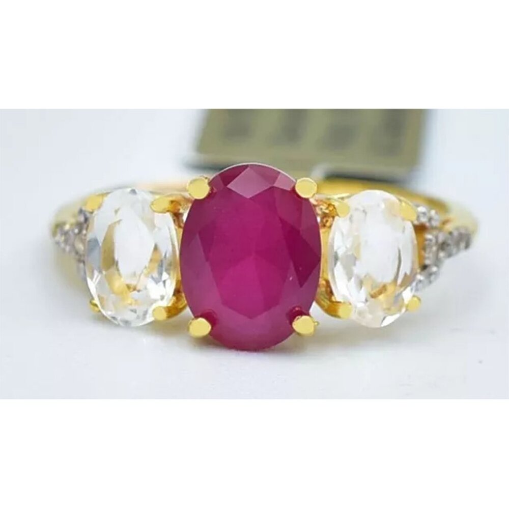 Genuine 1.83 Cts Ruby, White Sapphire & Diamond Ring 10k Gold